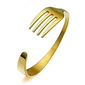 Gold Fork Cuff Bracelet Adjustable Open Bangle Whimsical Statement Jewelry